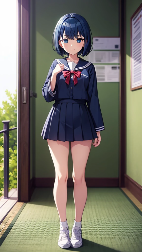 ((masterpiece, Highest quality, Very detailed, Very nice 8K CG wallpaper)), , A little thick, Medium Hair, Blue Hair, short hair, blue eyes,judo player、saylor styled uniform、Large bust、Sailor suit、mini skirt、judo、Cute expression、Inside the judo Gymnasium、、On the tatami、discovery、One Girl、Full body standing、rest、Haruka Kiritani、Bust Size C Cup、幼い頃judo家によって育てられた