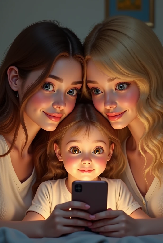 One beautiful brownish hair colour lady and one pretty yellowish hair lady are looking at a smart phone which has one cute and smart and eighteen-year old boy and a -year owho is the baby of the fa in the photo.