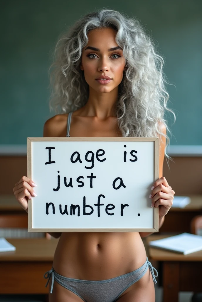 A beautiful youthful looking Hispanic version of a gray haired asian women as a 50 years old woman with long her completely gray hair in a big curls styles as a supermodel wearing a Lingerie standing in a high school classroom holding a white board with text "I age is just a number" and showing it to the viewer