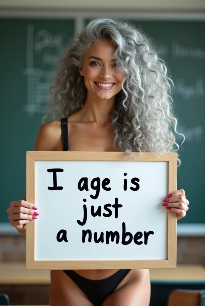 A beautiful youthful looking Hispanic version of a gray haired asian women as a 50 years old woman with long her completely gray hair in a big curls styles as a supermodel wearing a Lingerie standing in a high school classroom holding a white board with text "I age is just a number" and showing it to the viewer