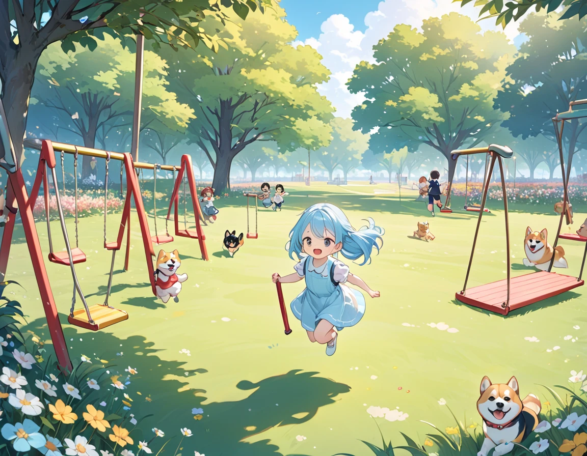 Light blue long hair、Twin-tailed Girl、A park full of grass and flowers、There are slides and swings、Five little characters playing、My beloved Shiba Inu dog is running around happily.、