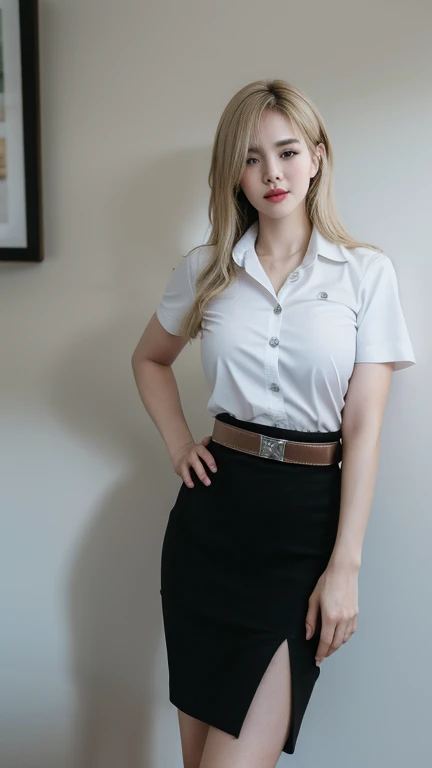 Pretty big breasts thai woman Hand on hip , (8k, best quality, masterpiece, ultra highres:1.2) Photo of Pretty thai woman beautiful, beautiful enchanting fashion contemporary painting with , (1girl), (white shirt short sleeves), ((black pencil skirt)), belt , blonde hair, , realistic skin texture , round chin, 85 mm art lens, f 1. 2, sharp focus, 8 k high definition, insanely detailed, intricate, elegant, large breasts, big breasts , black skirt