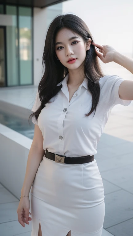 Pretty big breasts thai woman Hand on hip , (8k, best quality, masterpiece, ultra highres:1.2) Photo of Pretty thai woman beautiful, beautiful enchanting fashion contemporary painting with , (1girl), (white shirt short sleeves), ((black pencil skirt)), belt , blonde hair, , realistic skin texture , round chin, 85 mm art lens, f 1. 2, sharp focus, 8 k high definition, insanely detailed, intricate, elegant, large breasts, big breasts , black skirt