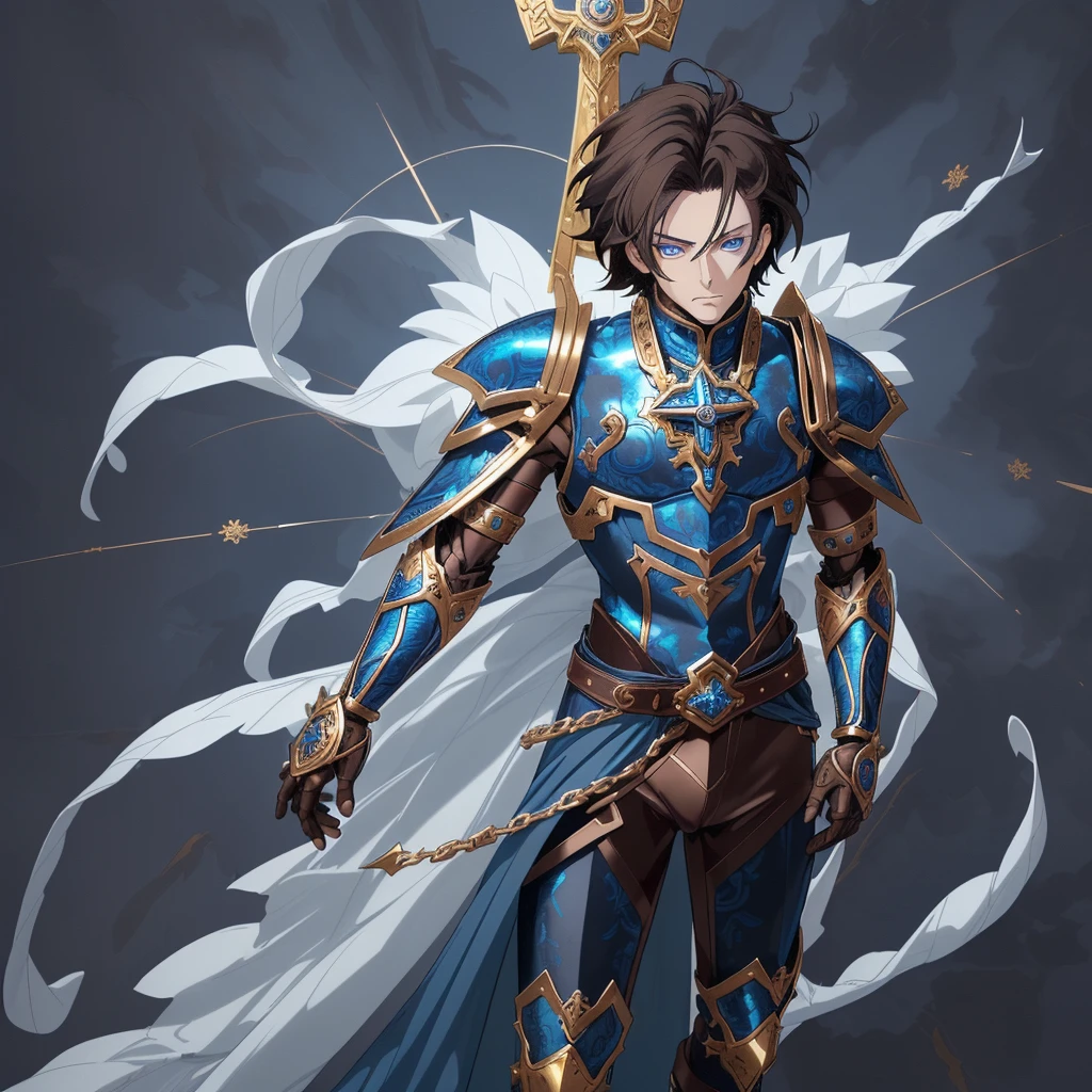 A full-body portrait of a young man in anime style, with short, dark hair. he has intense blue eyes and wears a form-fitting blue armor with intricate engravings of leaves and flowers, and golden metal pieces covering her shoulders and arms. A dark brown leather belt with metallic buckles secures her armor at the waist. he wears brown leather boots, se encuentra de espalda y agachado, como si agarrara algo. A cross-shaped pendant adorns her chest. The background features a blue sky with fluffy clouds, highlighting her majestic and noble appearance, visible from head to toe, wear tight pants