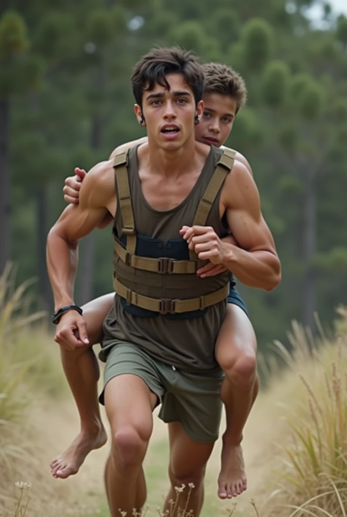 Junior running with senior on his back、The junior is wearing a weight vest, handcuffs and leg irons. Both are male high school students.。Both naked