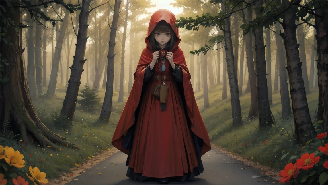 In the center of the image is the、Little Red Riding Hood is standing。She wears a bright red hooded cloak、She holds a small basket tightly in her hands。Her face is bright、It is drawn to give a sense of curiosity and adventure.。 The background features a vast forest.、wood々and colorful flowers grow abundantly.。The scene is at dusk.、A soft orange light envelopes the forest.、It creates a fantastic and warm atmosphere.。 Around Little Red Riding Hood、There are small birds and squirrels.、Forest creatures are depicted vividly.。woodの葉や花のディテールにも細やかなこだわりが見られ、The overall design is colorful and warm, reminiscent of a picture book.。