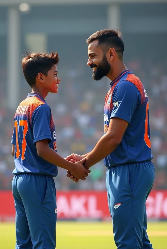 a teanage boy wearing indian  cricket team jersey name wasil Editz number 07 showing his back and hand shake with Virat Kohli.