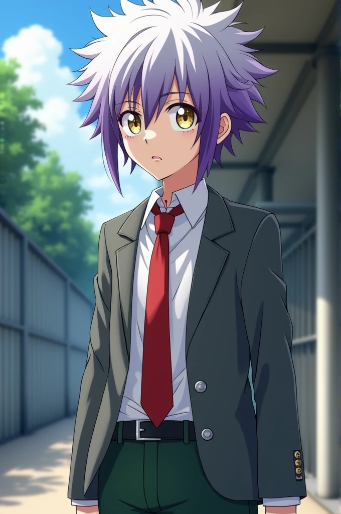 Screenshot of my hero academia of a fifteen year old boy, with white hair, and purple locks, and honey-colored slanted eyes. He has a nose piercing . He has a pale complexion. wears school uniform with gray blazer and unbuttoned shirt and red tie. wear green pants.