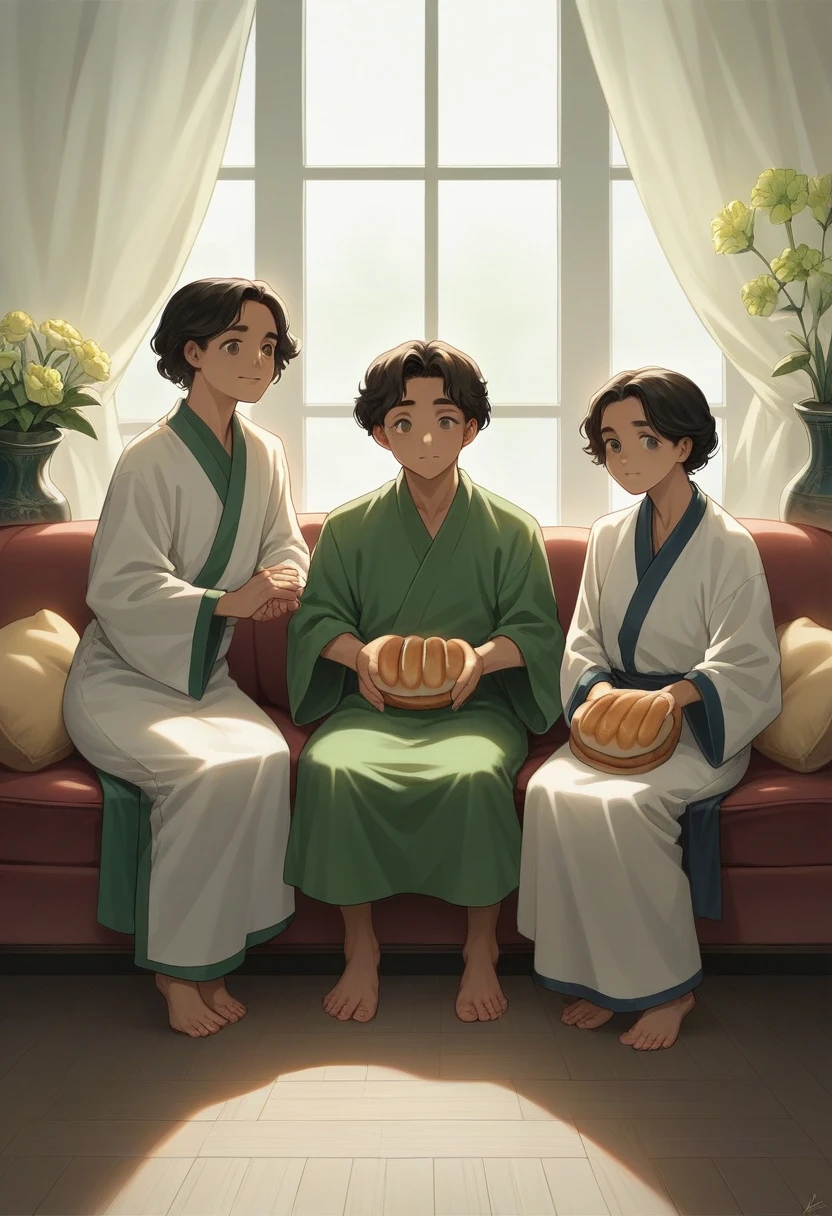 Family photo in Indonesia, six members. Two mens aged 50 and 35 with sort hair, his face seem round and bread, they are standing, four women aged 50, 30 and 25 sitting on the sofa, all wearing matching black Malay-style Muslim clothes and sharia robes, the same and harmonious black color, bright living room studio photo, white lighting, green flower vase, SUPER DETAIL, realistic, ultra HD, 8K