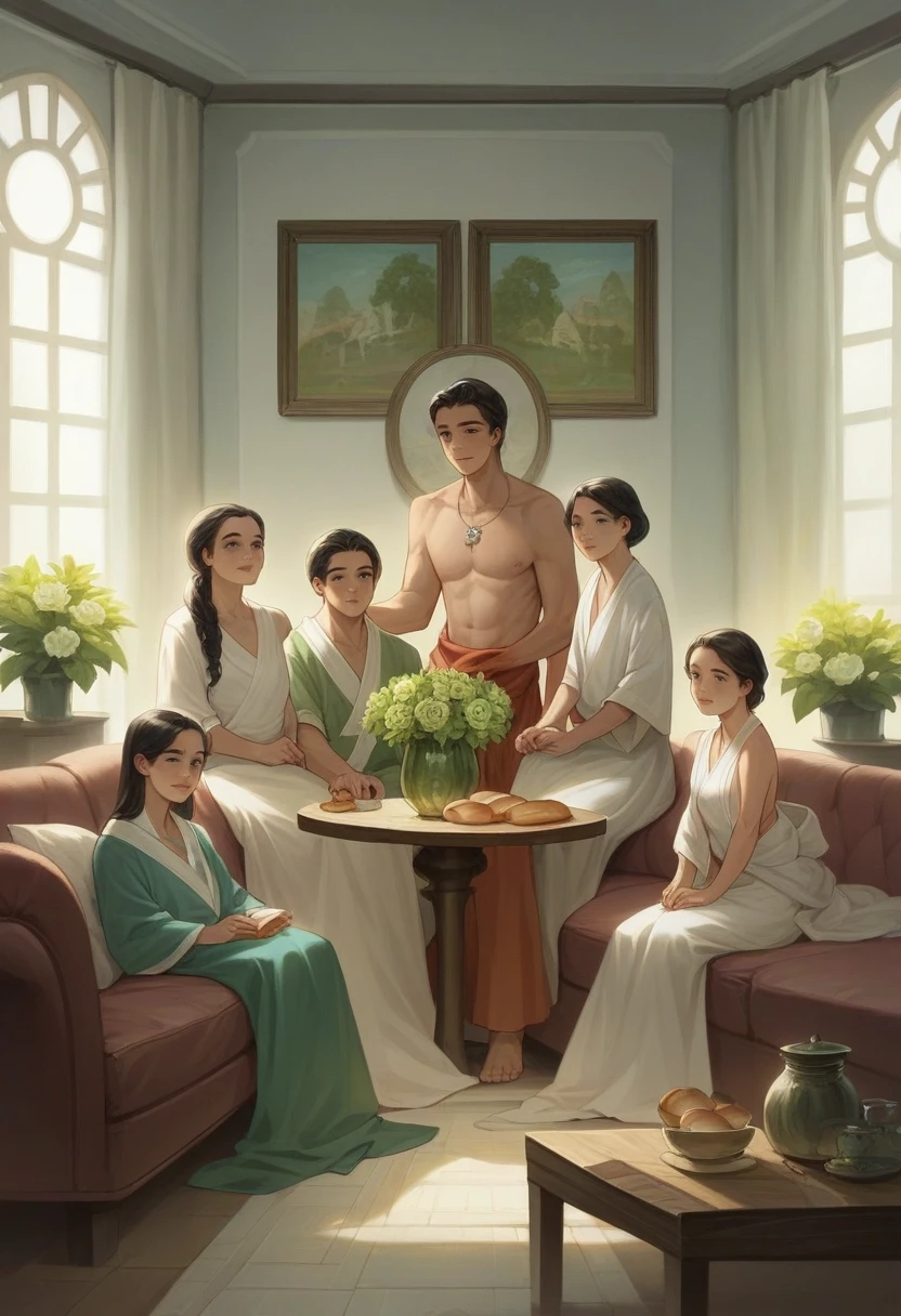 Family photo in Indonesia, six members. Two mens aged 50 and 35 with sort hair, his face seem round and bread, they are standing, four women aged 50, 30 and 25 sitting on the sofa, all wearing matching black Malay-style Muslim clothes and sharia robes, the same and harmonious black color, bright living room studio photo, white lighting, green flower vase, SUPER DETAIL, realistic, ultra HD, 8K