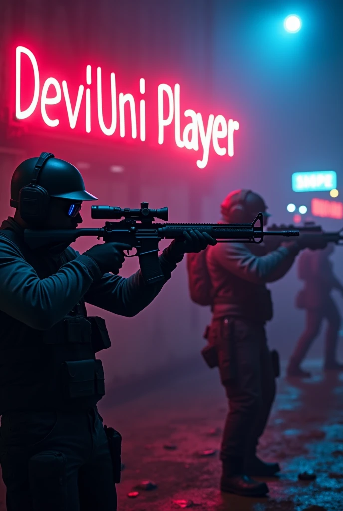 The image needs to be written "DeviUniPlayer" in neon form, and in the background of the image there must be snipers against zombies