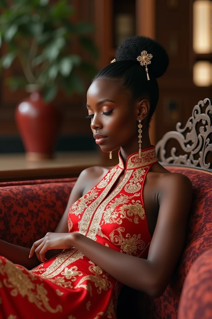 Pretty black girl, lying in a couch, historical chinese dress,