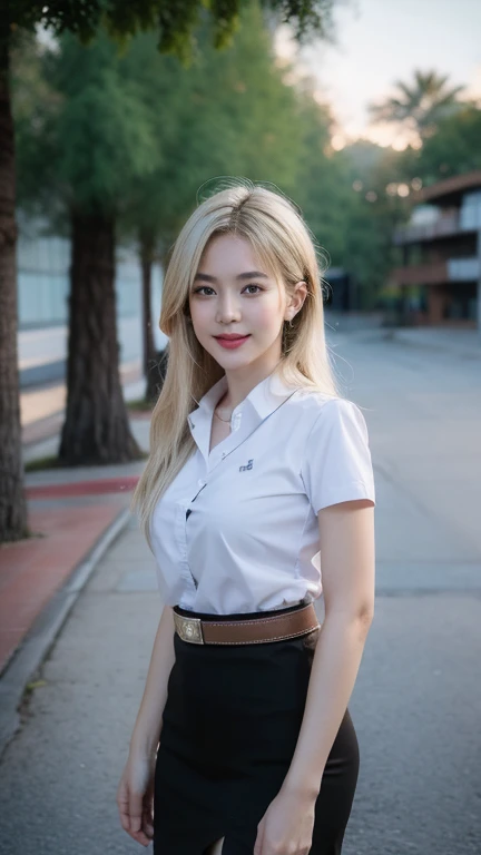 Pretty big breasts thai woman Hand on hip , (8k, best quality, masterpiece, ultra highres:1.2) Photo of Pretty thai woman beautiful, beautiful enchanting fashion contemporary painting with , (1girl), (white shirt short sleeves), ((black pencil skirt)), belt , blonde hair, , realistic skin texture , round chin, 85 mm art lens, f 1. 2, sharp focus, 8 k high definition, insanely detailed, intricate, elegant, large breasts, big breasts , black skirt