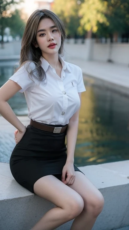 Pretty big breasts thai woman Hand on hip , (8k, best quality, masterpiece, ultra highres:1.2) Photo of Pretty thai woman beautiful, beautiful enchanting fashion contemporary painting with , (1girl), (white shirt short sleeves), ((black pencil skirt)), belt , blonde hair, , realistic skin texture , round chin, 85 mm art lens, f 1. 2, sharp focus, 8 k high definition, insanely detailed, intricate, elegant, large breasts, big breasts , black skirt