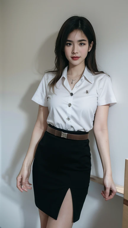 Pretty big breasts thai woman Hand on hip , (8k, best quality, masterpiece, ultra highres:1.2) Photo of Pretty thai woman beautiful, beautiful enchanting fashion contemporary painting with , (1girl), (white shirt short sleeves), ((black pencil skirt)), belt , blonde hair, , realistic skin texture , round chin, 85 mm art lens, f 1. 2, sharp focus, 8 k high definition, insanely detailed, intricate, elegant, large breasts, big breasts , black skirt
