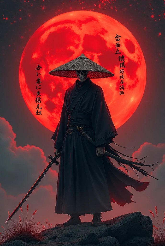 Uper moon 1 kokoshibo with red moon in his background showing his sword and write something cool in Chinese on moon and wearing a straw hat and write something cool in Chinese on the moon with white colour and moon is center of his body and he has a skeleton ghost face