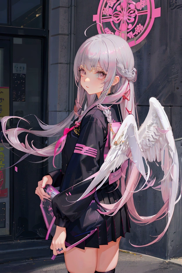 a beautiful girl with silver long hair, gray eyes. pink hair gradations, wearing a Japanese school seifuku uniform, wearing black gold wings. and a ring of angels overhead. Cool expression.