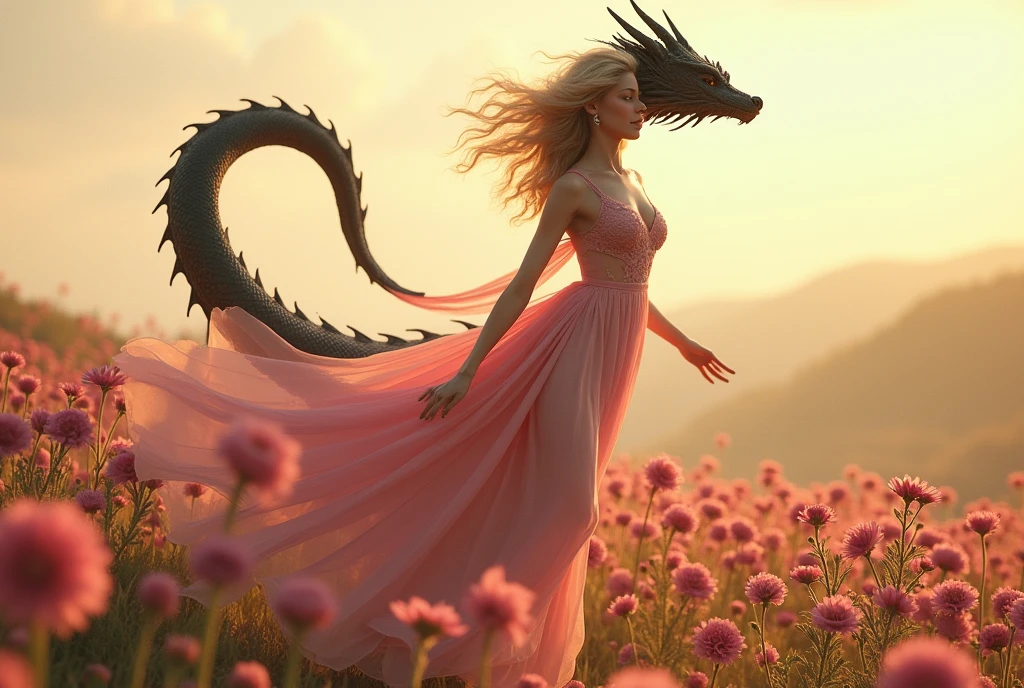 (Fantasy centaur, dragon half)(Jayne Mansfield, age 25, airy sheer pink silky dress, below he waist she has the body of a black Chinese dragon), floating on a gentle breeze over a rolling field of beautiful pink flowers, morning sun, 'Calgon take me away' written across the top of the screen in large letters. Show all of her head to toe