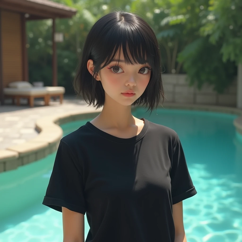 Located in a natural pool resort、A slender, cool woman with short hair wearing a black T-shirt、Very distant angle、