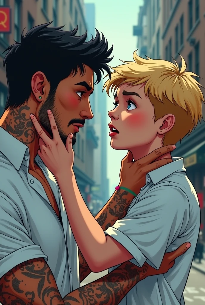 Create a gay fanfic cover:
On the right side a young boy with blond hair and rosy cheeks, with a frightened expression looking at the viewer, e do lado esquerdo um homem forte de cabelos blackws e rosto rígido, with tattoos on the neck, holding the blond haired boy's chin and staring at him, the man wears a white dress shirt.
Scenario: canons, buildings, money, citys.
Scene color palette: blackw, offwhite, gris, blue and red.