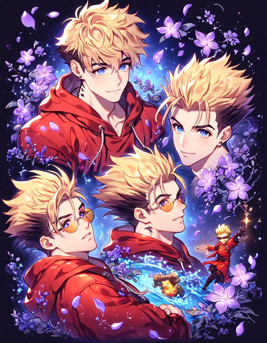 Ultra detailed, HDR, Highres, absurdres, master piece, Vash Stampede, spiked blonde hair, expressive blue eyes, amber sunglasses, red coat with hoodie, Trigun, sexy man, handsome, purple flowers, petals, fantasy, magical, purple leaves, handsome, best quality, glittering, manly man, sensual, horny, water, purple shining fireflies,