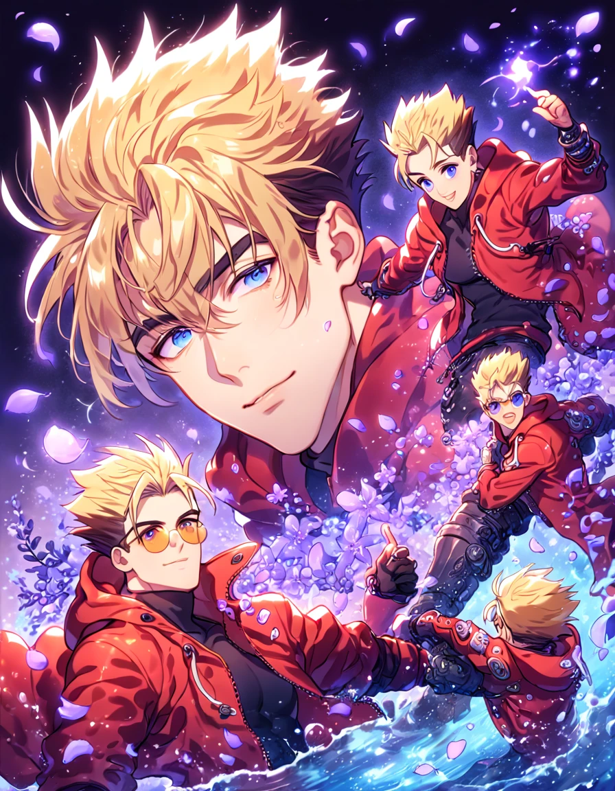 Ultra detailed, HDR, Highres, absurdres, master piece, Vash Stampede, spiked blonde hair, expressive blue eyes, amber sunglasses, red coat with hoodie, Trigun, sexy man, handsome, purple flowers, petals, fantasy, magical, purple leaves, handsome, best quality, glittering, manly man, sensual, horny, water, purple shining fireflies,