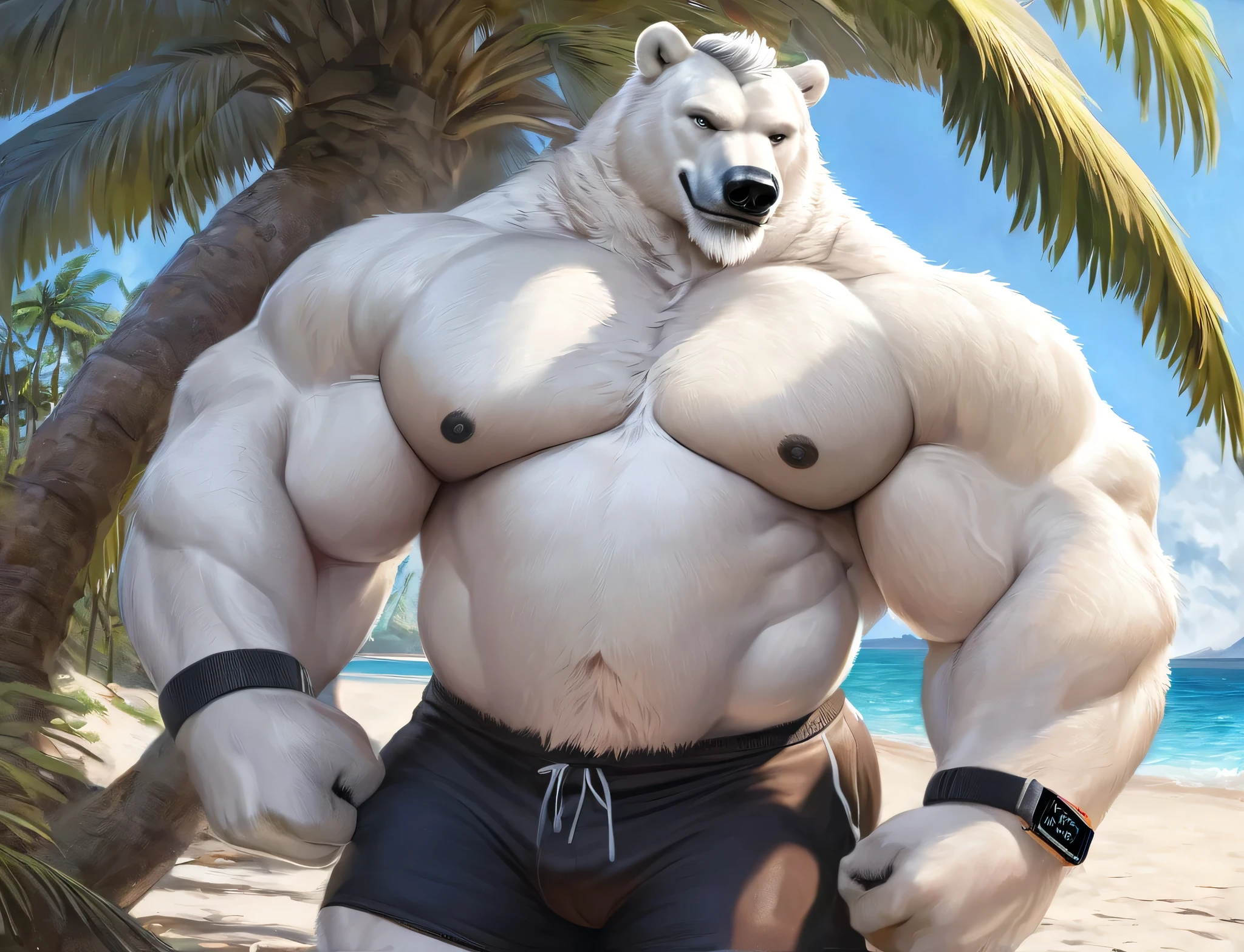 huge buff muscular polar bear Dad in Tropical Beach, big smirk, polar bear, huge white fur, thick arm, huge arm, bearded. Short white hair and white beard, white mustache, bearded white, (muscular, pectoral, wide pectoral, thick arms), correct anatomy, beach, palm, realistic, detailed eyes, 8k, masterpiece, (wearing black shorts, wristband, watch and shirtless), straining, gainig massive muscle power