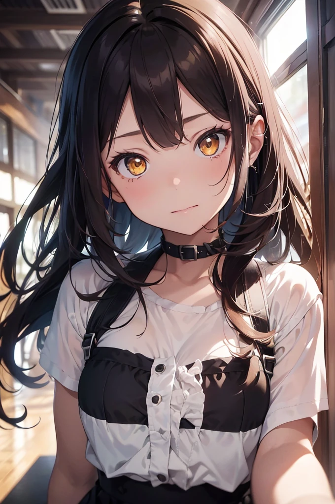 (Highest Resolution、clear_image)Highest quality、(girl) 、masterpiece、Very detailed, Half Body, Semi-realistic、 ( Yellow Eyes ) 、18-year-old, ( Dark Redhead ),(Yellow inside) ,young , (Orange on the inside), Facial Features ,Variation Portrait, Long Hair , Teen, nice , Cold and sharp eyes, , {Very detailed8k CGユニットの壁紙}, student, ,Music Club Background, good looking,nice musician , punk