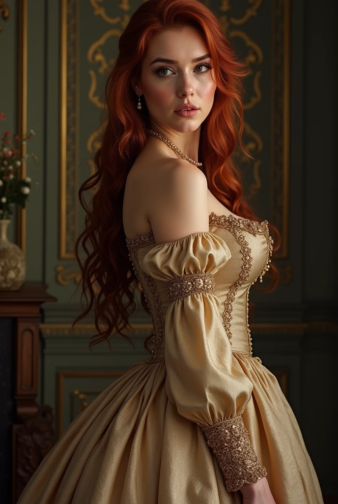 period novel(19th-century)

woman with long loose dark red hair, voluptuous, elegant vintage dress.

