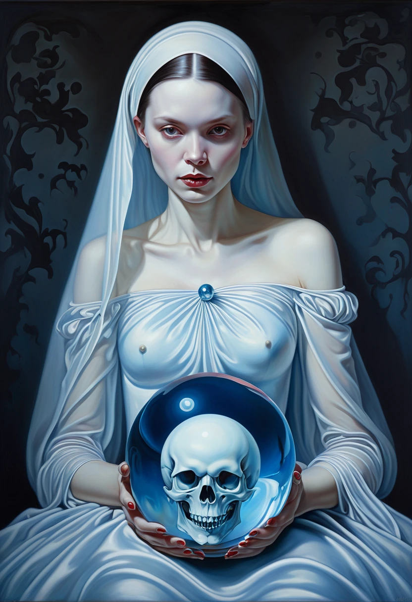 Painting of a woman holding a skull and a crystal ball, ghostly beautiful art, in pearl, High detail, Realistic skin, James Jean y Vlop, adrian borda, Carole Buck and Peter Morbacher, Complex heterochromatic sadness, James Jean and Peter Morbacher, James Jean and Andrey Ryabovichev, Jana Braik, Skeletal girl, Bipple y Jeremiah Ketner