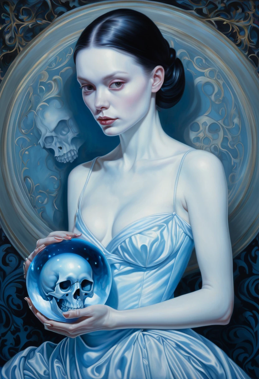 Painting of a woman holding a skull and a crystal ball, ghostly beautiful art, in pearl, High detail, Realistic skin, James Jean y Vlop, adrian borda, Carole Buck and Peter Morbacher, Complex heterochromatic sadness, James Jean and Peter Morbacher, James Jean and Andrey Ryabovichev, Jana Braik, Skeletal girl, Bipple y Jeremiah Ketner