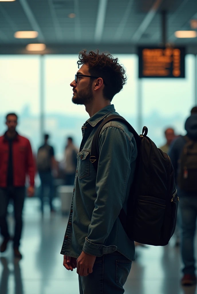 Create a vivid, detailed drawing of a scene depicting a 28-year-old man with curly hair., wearing glasses, with about 1,80 m tall and 78 kg, waiting to board a flight from Sinop Mt airport to Santarém. He should be dressed in casual clothes and carrying a backpack.. He must be eagerly awaiting the reunion with his beloved., uma mulher de 20 anos, blonde (without bangs), wearing glasses e aparentando 1,60 m high. Include details such as the protagonist's facial expression, body language and any personal items he may be holding. The airport scene must be accurately represented, including the sounds, the smells and sights of the boarding gate area. The scene should be visually represented as a photograph, capturing the protagonist's emotional state as he anxiously waits to board the flight."