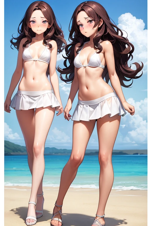 ((best quality)), ((masterpiece)), (detailed), 1 girl, full body, 19 years old, embarrassed face, young adult, somewhat short stature, purple eyes, brown hair, somewhat wavy hair, long hair, bang, blushing, very small breasts, sexy white bikini with little skirt, seductive legs, beach background, looking to me, anime