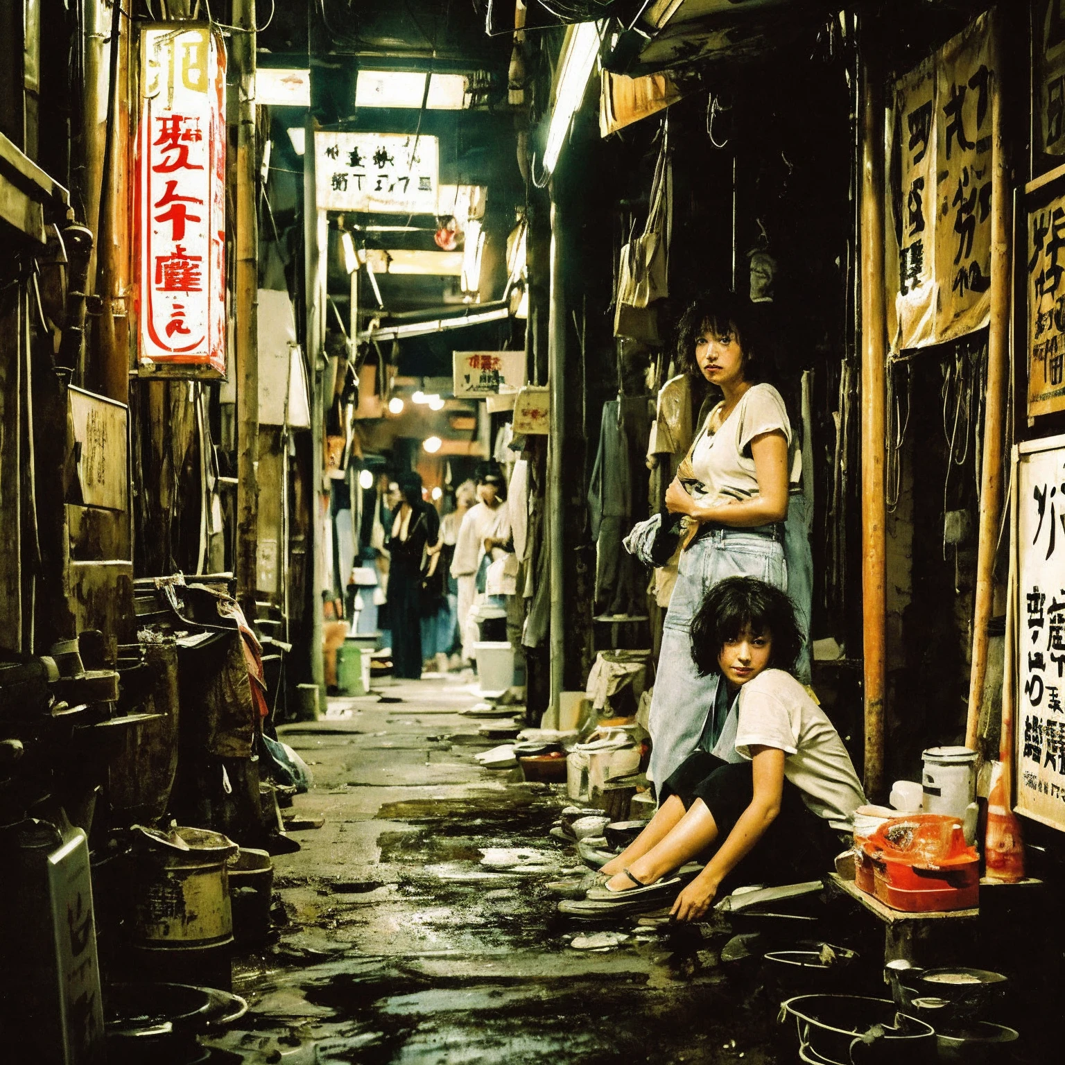 ((masterpiece、Highest quality))、Poor conditions、Japan 1980s, Dirty Standing Tavern、Old and dirty store, Unsanitary and dirty downtown Tokyo, Japan Streets, Cute girl working at the store、Japanese sign、Poor workers, Unhygienic restaurant