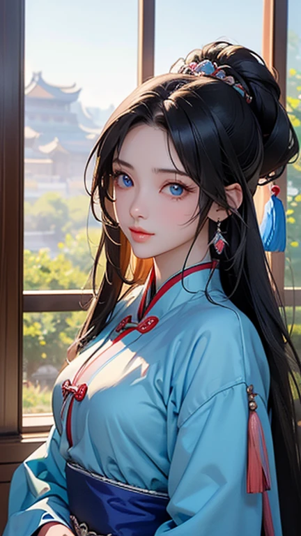 (Highest quality、 8k 、masterpiece、High resolution)、(Chinese Drama、Changgexing、Li Changge、Dililaba)、Tang Dynasty、Changan、1 Female、Beautiful young person、blue eyes、古いChanganの街並み、Anime Beauty、Anime Art、Official Art、Detailed CG、