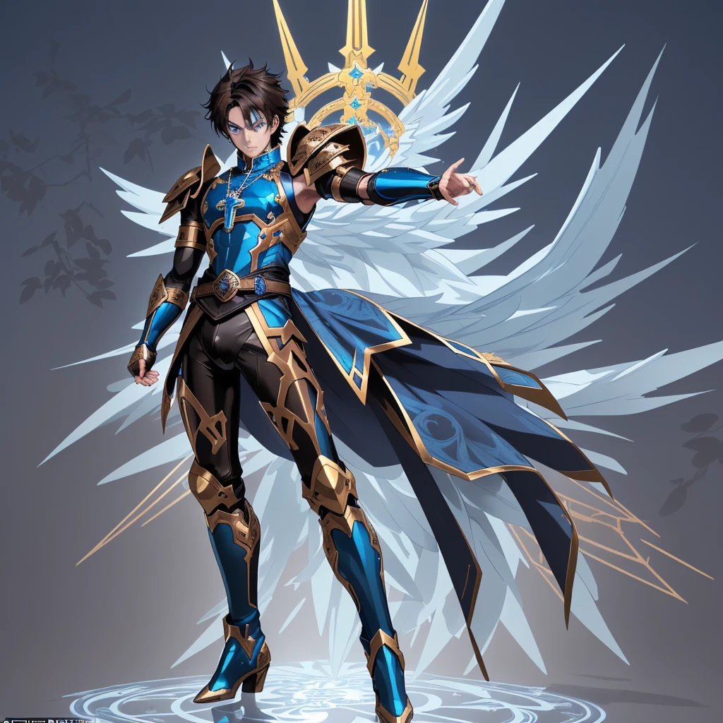 A full-body portrait of a young man in anime style, with short, dark hair. he has intense blue eyes and wears a form-fitting blue armor with intricate engravings of leaves and flowers, and golden metal pieces covering her shoulders and arms. A dark brown leather belt with metallic buckles secures her armor at the waist. he wears brown leather boots, standing in a dynamic action pose. A cross-shaped pendant adorns her chest. The background features a blue sky with fluffy clouds, highlighting her majestic and noble appearance, visible from head to toe, wear tight pants