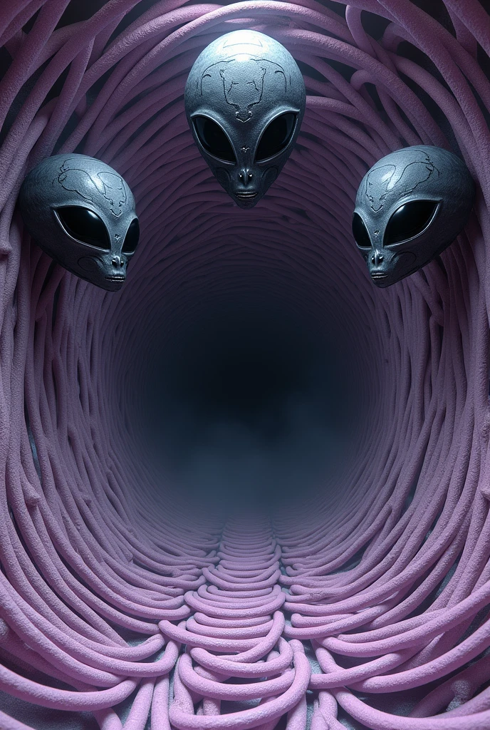 Photorealistic DMT trip in tunnel made of very thin modular layers, each layer inside with minuscule scales texture, all layers have a ring shape, going inside a void made of dark mist, all the layers in purple tones to gray tones, the gray tones comes from the center of void, the purple tones on the exterior edge of each layer, outside around the tunnel 3 big heads of black alien entities with black eyes, their eyes have a strange thin white design around them. One of the heads are above the tunnel, the other 2 heads are down the tunnel, one on left side and another in right side. All with dream like texture