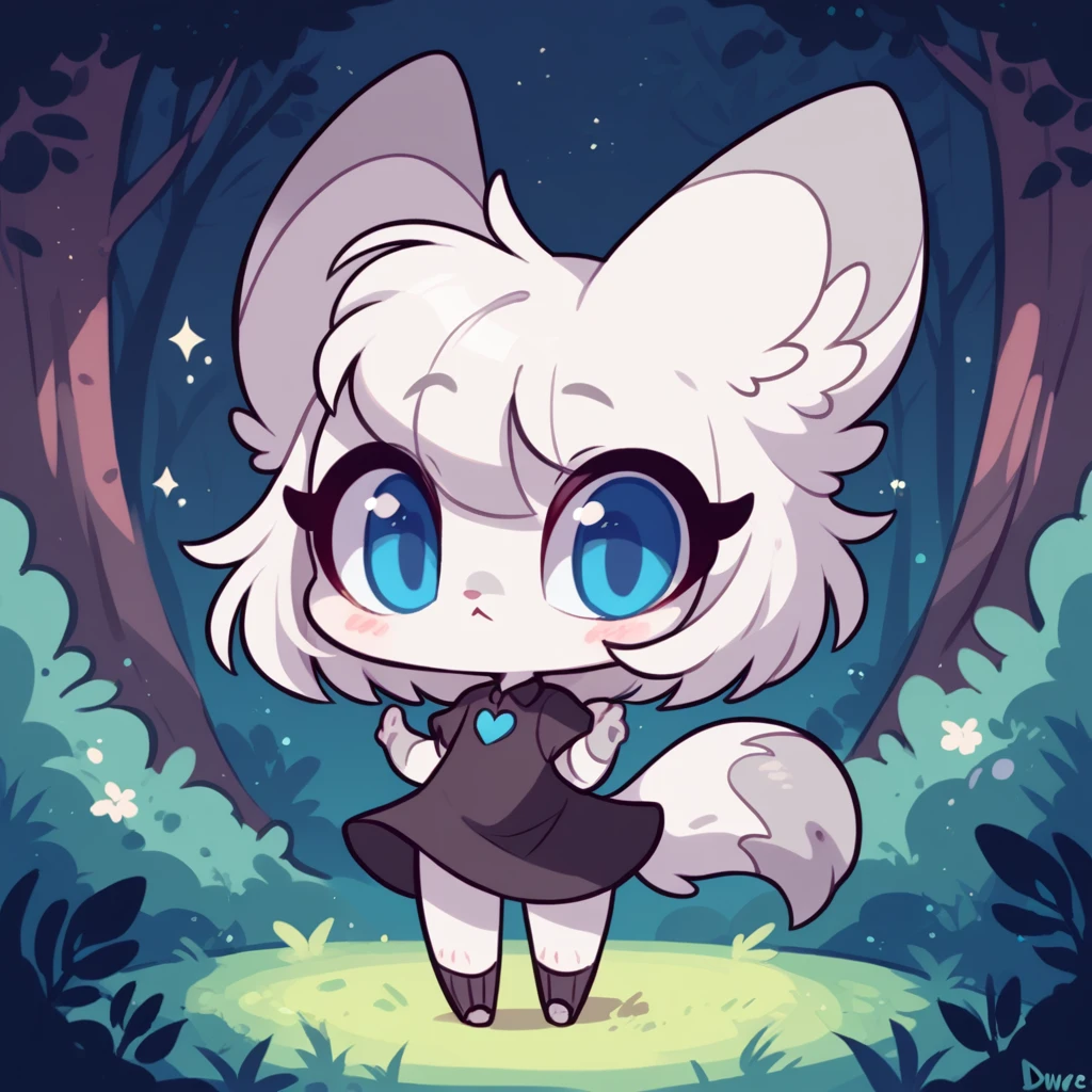 little fox, female, white hair, silver fur, blue eyes, cute kid, , alone, kid , white hair, cute, chibi, black dress, night forest, by diives