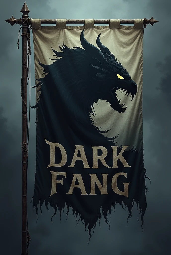 Create a flag for a mercenary group of dungeons and dragons whit the words dark fang 