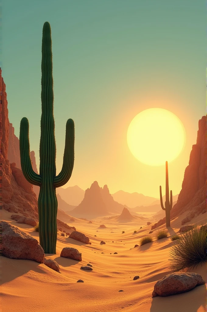 A Sun together with a cardon in the desert with mountains