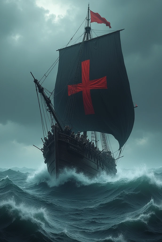 Slave ship on the high seas, sailing through rough waves. Black flags with a thick red cross in the middle."