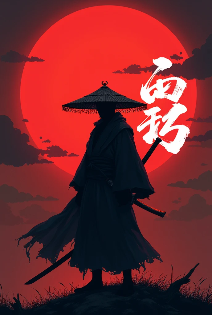 Uper moon 1 kokoshibo with red moon in his background showing his sword and write something cool in Chinese on moon and wearing a straw hat and write something cool in Chinese on the moon with white colour and moon is center of his body and he has no face