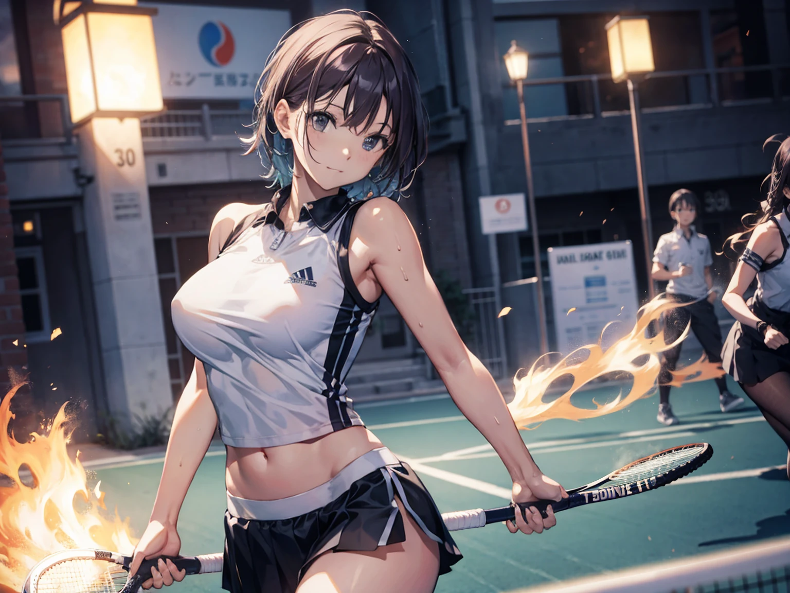 Two cute Japanese female fighters with black hair and shorts cut fighting in the under ground arene, drenched in sweat. One eye closed, out of breath. Tank tops. Denim shorts. Open finger gloves. erect nipples.