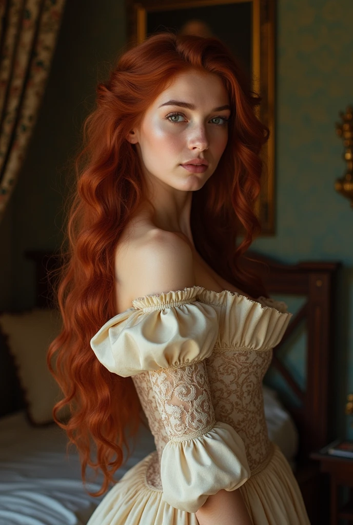 period novel(19th-century)
woman with long loose dark red hair, voluptuous, elegant vintage dress.