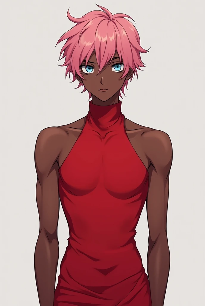 Draw an anime guy 17 with dark pink hair, light baby blue eyes, and black skin. He&#39;s wearing a long dress that&#39;s very tight on his body and his thin waist. The color of the dress is red. He&#39;s a handsome guy.
