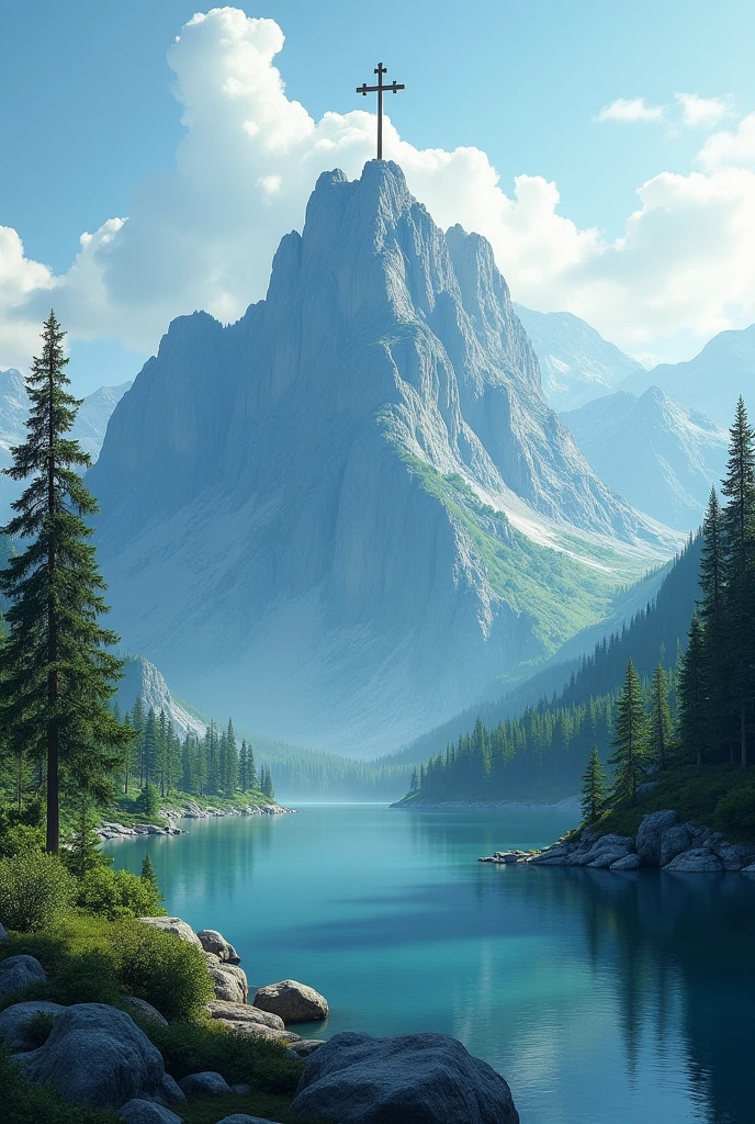Landscape with a mountain with a cross and a lake