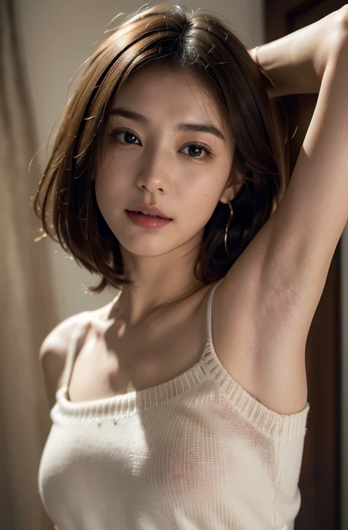 ((Show underarms、Armpit、Detailed armpit wrinkles、Raise your hands to show your armpits))、top-quality, (reallistic:1.3), (Reality, Hyper-Realism:1.2), 1girl in, a white girl, (masterpiece), Convoluted (high details), Detail skin, Short:1.2, (high details:1.1), NSFW, HighDynamicRange, (beauitful face), Hillez, Directional writing, sharp focus,Slender body, thin body, (Curve:1.1), full body,bsp