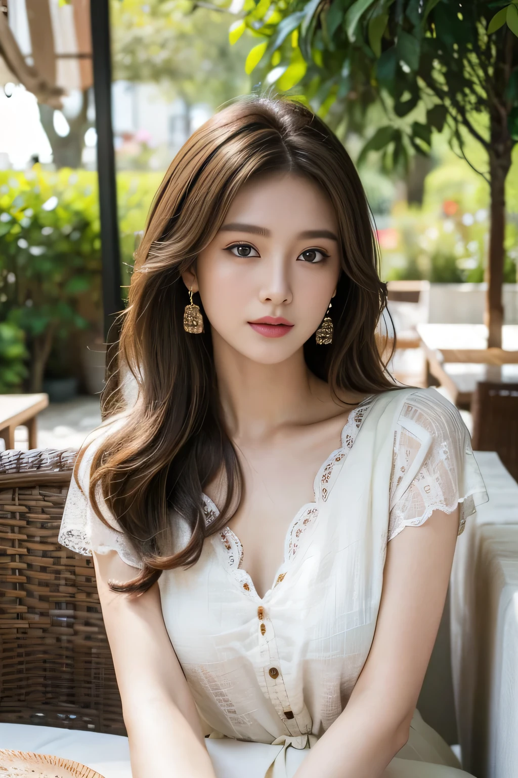 masterpiece, Highest quality, Realistic, Very detailed, Finer details, High resolution, 8k wallpaper, One beautiful woman,Wear a nice blouse, On the terrace of a lovely cafe, at noon, Light brown messy hair, Perfect dynamic composition, Beautiful and beautiful eyes、Big earrings、