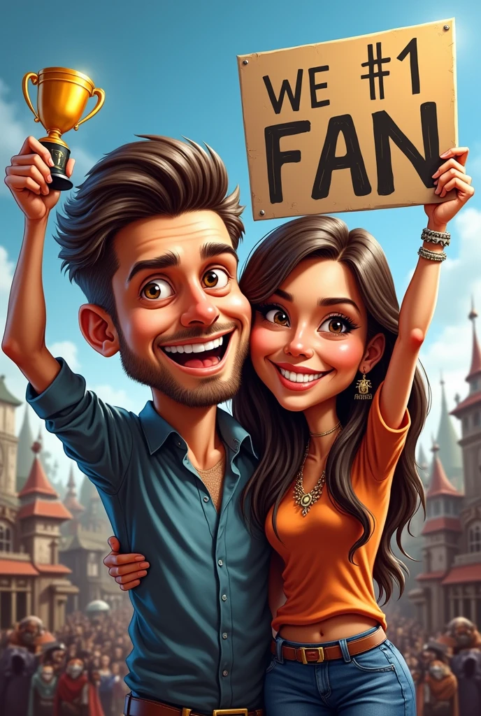 Warhammer tournament, boyfriend winning the tournament, beautiful brown girlfriend supporting, sing I'm you fan #1 in the back, caricature