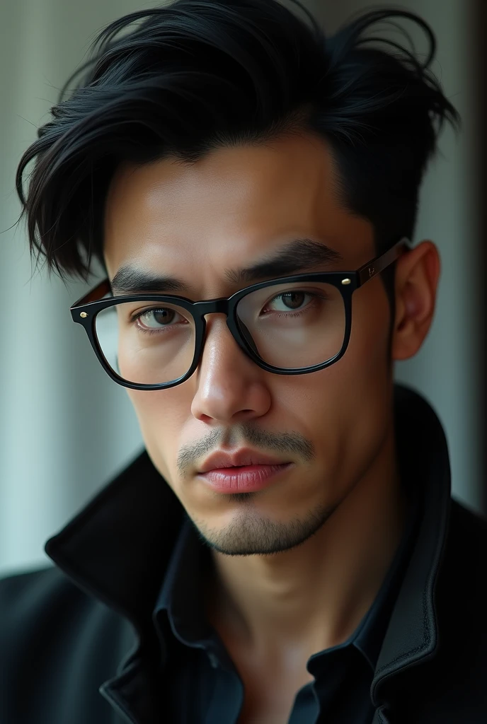 high quality, 8K Ultra HD, male character, black hair, black glasses, 